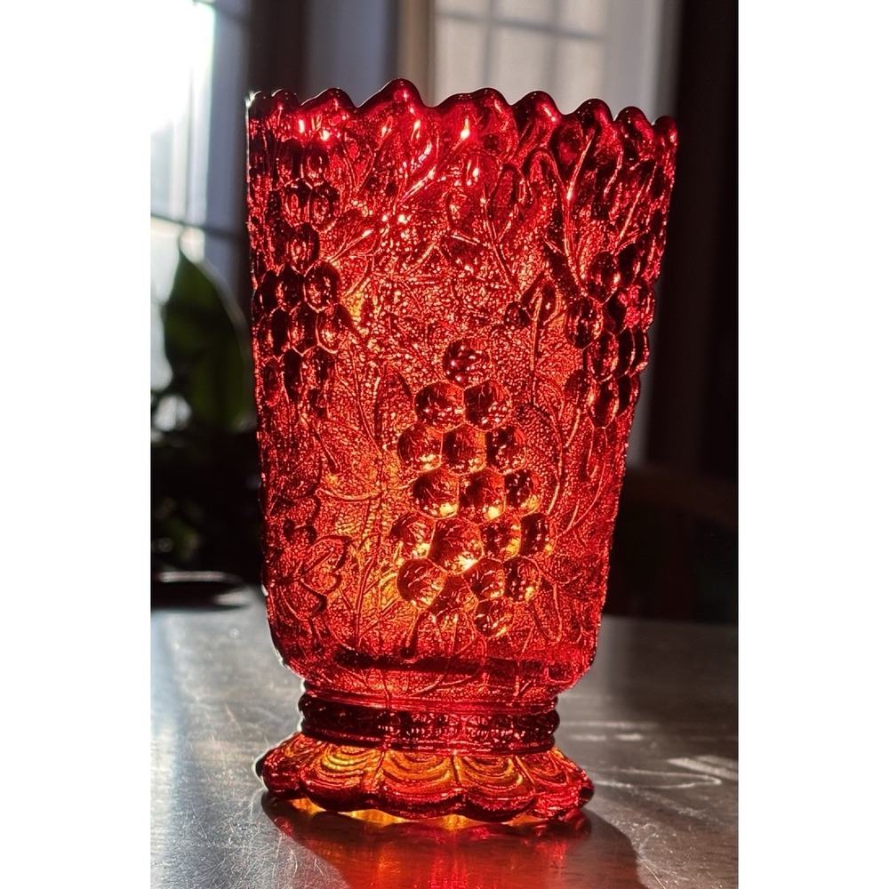 Vintage Imperial Glass Amberina Grape Vase Red Orange UV Glow Cadmium